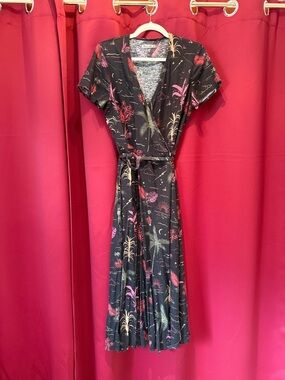 Marine Layer Black Midi Wrap Dress with Pink and Green Botanical Print